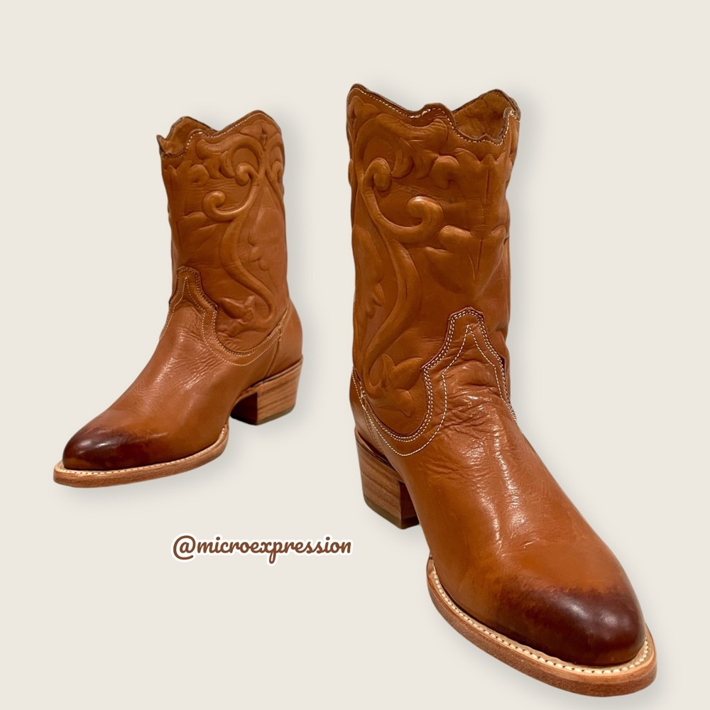 $399 Frye Floral Botanical Leaf Vine Cognac Brown Leather Cowboy Western Boot - Picture 7 of 15